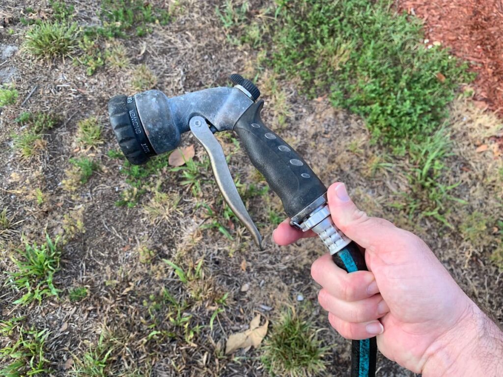 I can hand water plants in my municipality on certain days using a hose sprayer that shuts off when I release the trigger. Hand watering is how I can help avoid plant heat stress during periods of drought or watering restrictions in my area. Check your local water restrictions and irrigation rules for guidance. 