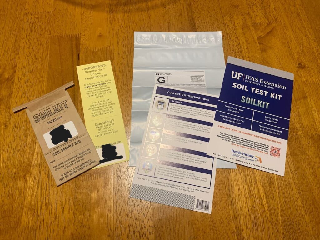 The AgriTech mail-in soil test kits include a soil sample bag, postage-paid mailing envelope, step-by-step test guide, registration card, and label. 