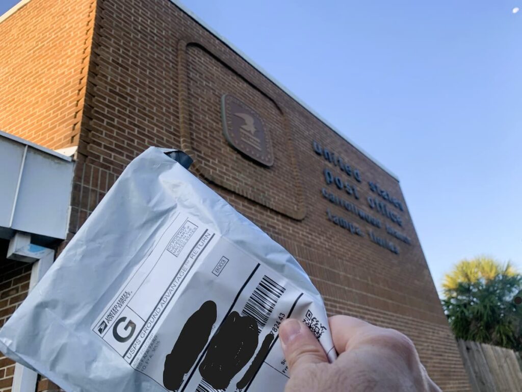 I'm dropping off the mail-in soil test kit at a post office. Note I'm about to walk this up to the counter and not just plunk it in a drop box to ensure the package will be handled correctly from the get-go.