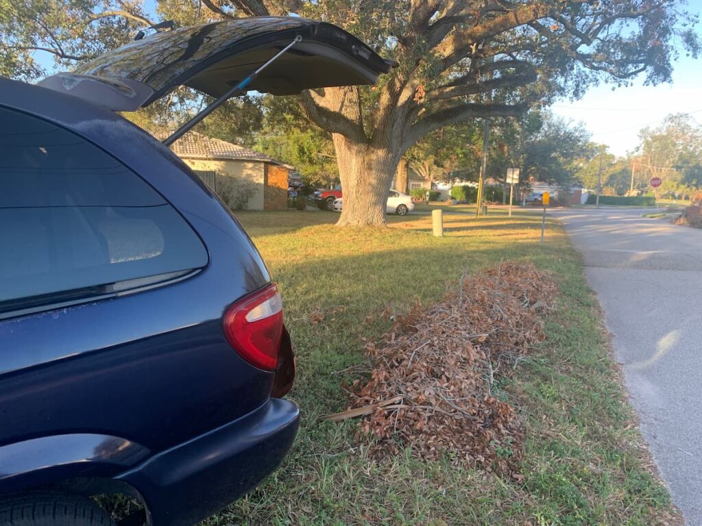 I backed the van up to the yard waste pile on the front lawn. 